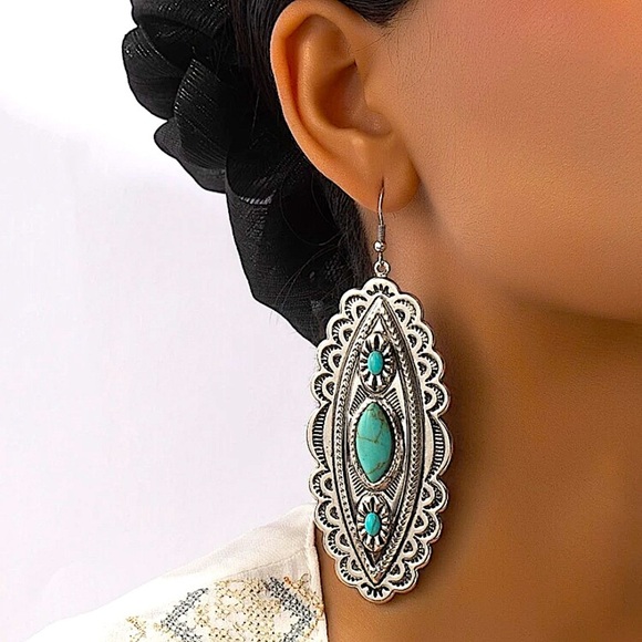 Silver Boho Turquoise Dangle Earrings Western Statement Tribal Hippie - Picture 1 of 3